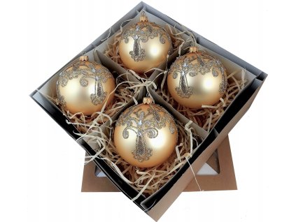 Ručne zdobené sklenené vianočné gule – zlatý set s barokovým motívom a perlami (4 ks, Ø 10 cm)