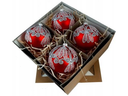 Ručne zdobené sklenené vianočné gule – červený set so strieborným ornamentom (4 ks, Ø 10 cm)