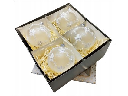 Ručne zdobené sklenené vianočné gule – šampanský set s bielym kvetinovým motívom (4 ks, Ø 10 cm)