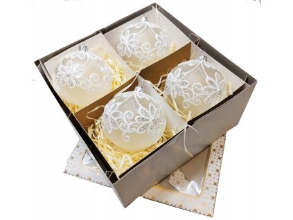 Ručne zdobené sklenené vianočné gule – šampanský set s perlovo-kvetinovým motívom (4 ks, Ø 10 cm)