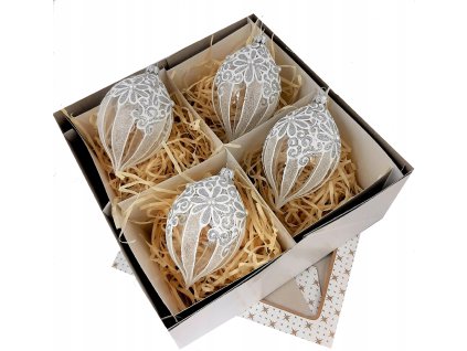 Ručne zdobené sklenené vianočné ozdoby – strieborné kvapky s čipkovaným vzorom (4 ks, 11 × 8 cm)