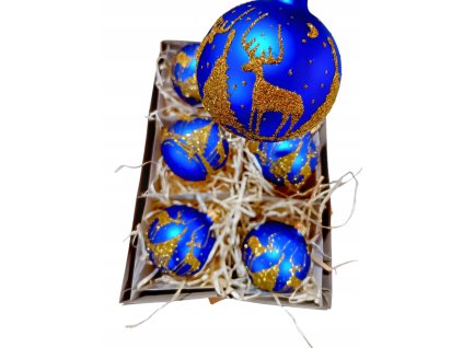 Ručne zdobené sklenené vianočné gule – modré so zlatým jeleňom a stromčekom (6 ks, Ø 8 cm)