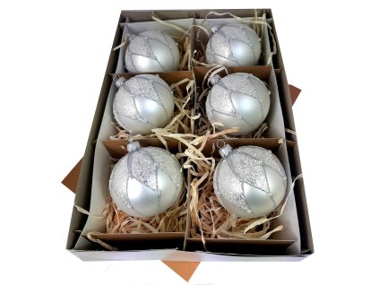 Ručne zdobené sklenené vianočné gule – strieborné s trblietavým vzorom a perleťovým efektom (6 ks, Ø 8 cm)