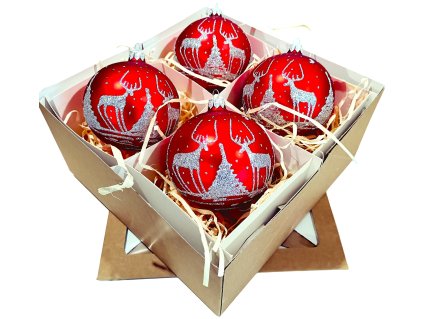 Ručne zdobené sklenené vianočné gule – červený set so sobmi a stromčekom (4 ks, Ø 10 cm)