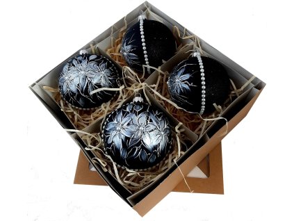 Luxusné ručne zdobené sklenené vianočné gule – čierny set so striebornými kvetmi a perlami (4 ks, Ø 10 cm)