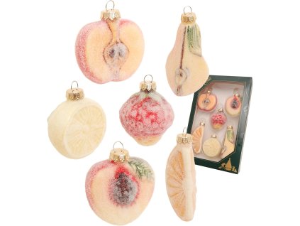 Ručne zdobené sklenené vianočné ozdoby – farebné ovocie s cukrovým efektom (6 ks, 6–8 cm)