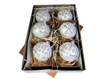 Ručne zdobené sklenené vianočné gule – biele so strieborným ornamentom (6 ks, Ø 8 cm)