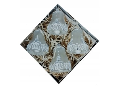 Ručne zdobené sklenené vianočné zvončeky – bielo-strieborné s trblietavým ornamentom (4 ks, výška 10 cm)