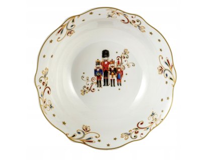 Vianočná misa Luskáčik – porcelánová šalátová misa s motívom vojačikov a zlatým lemom na sviatočnom stole