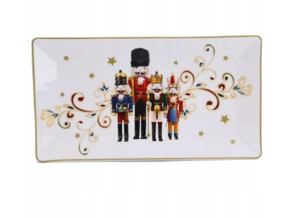 Vianočný servírovací tanier Luskáčik – porcelánový podnos s motívom vojačikov a zlatými detailmi, ideálny na koláčiky a sviatočné dobroty