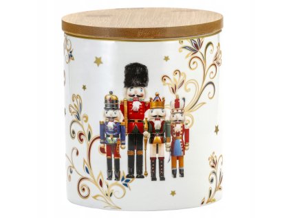Vianočná kuchynská dóza Luskáčik – elegantná porcelánová nádoba s bambusovým viečkom 1,3 l