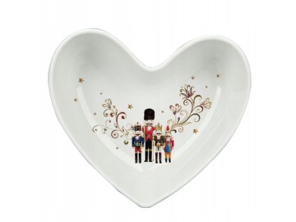 Vianočná miska v tvare srdca Luskáčik – porcelánová miska s motívom vojačikov a zlatými detailmi, ideálna na drobné dobroty alebo dekoráciu