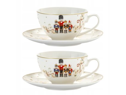Porcelánová sada šálok Luskáčik – dve vianočné šálky so spodkami 2×350 ml, biely porcelán so zlatými detailmi a motívom vojačikov