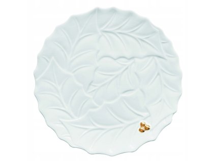Biely porcelánový tanier Zlatá cezmína s dekorom listov cezmíny a ručne nanášanými zlatými bobuľami – 30 cm