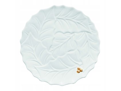 Biely porcelánový tanier Zlatá cezmína s elegantným zimným vzorom listov a zlatými akcentmi – priemer 20 cm