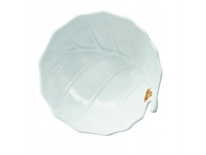 Biela porcelánová miska Zlatá cezmína v tvare listu s jemným reliéfom a ručne maľovanými zlatými bobuľkami – 14 cm