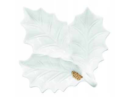 Biely porcelánový tanier Zlatá cezmína v tvare listu s rukoväťou a ručne maľovanými zlatými bobuľkami – 22 × 20 cm