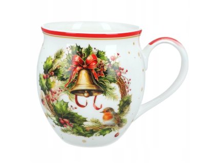 Porcelánový vianočný hrnček so zlatým zvončekom, červenou mašľou a vencom z cezmíny – biely hrnček s červeným okrajom