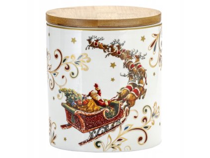 Vianočná porcelánová dóza Santa na saniach – nádoba s bambusovým viečkom a zlatým lemom, motív Santu s darčekmi v saniach, objem 1,3 l