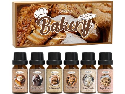 Sada Bakery – éterické oleje 6 × 10 ml, vône Tekvicový koláč, Čokoládový cupcake, Perník, Vanilka a Sušienky
