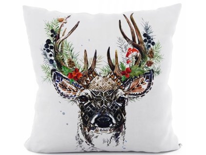Vianočná obliečka s motívom jeleňa zdobeného ihličím, šiškami a červenými bobuľkami, biely podklad – 40x40 cm