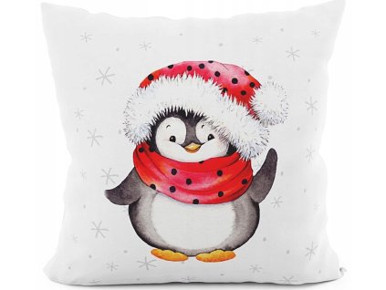 Vianočná obliečka s rozkošným tučniakom v červenej čiapke a šále, biely podklad so snehovými vločkami – 40x40 cm