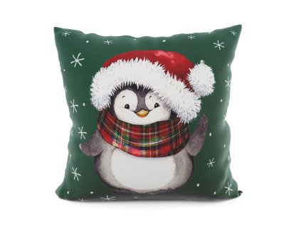 Vianočná obliečka s tučniakom v červenej čiapke a tartanovom šále na smaragdovom podklade – 40x40 cm