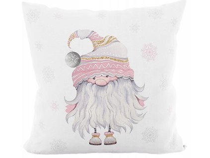 Vianočná obliečka o škriatkom v ružovejj čiapke s brmbolcom na bielom podklade – 40x40 cm