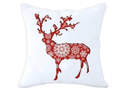 Vianočná obliečka s červeným jeleňom zdobeným bielymi snehovými vločkami na bielom podklade – 40x40 cm
