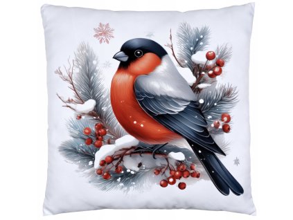 Vianočná obliečka s motívom zimného vtáčika na konáriku s červenými bobuľami a ihličím, biely podklad – 40x40 cm