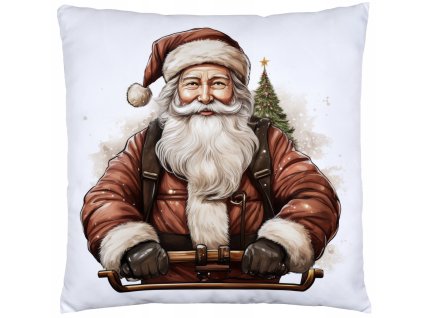 Vianočná obliečka Santa Claus – dekoratívna obliečka na vankúš s realistickým motívom Mikuláša a vianočného stromčeka, biely podklad, rozmer 40x40 cm