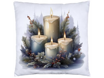 Vianočná obliečka Adventné sviečky – dekoratívna obliečka na vankúš s realistickým motívom štyroch horiacich sviečok a zimnej zelene, biely podklad, 40x40 cm