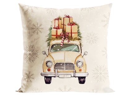 Vianočná zamatová obliečka s motívom retro auta s darčekmi a snehovými vločkami – béžová 40x40 cm