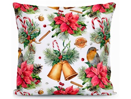 Vianočná obliečka Vianočná hviezda – biely dekoračný vankúš s červenými poinsettiami, vtáčikom, zvončekmi a sladkými paličkami 40x40 cm