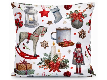 Vianočná obliečka Zimná rozprávka – biely dekoračný vankúš s hojdacím koníkom, sviečkami, orechovým panáčikom a vianočnými dekoráciami 40x40 cm