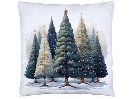 Vianočná obliečka Zimný les – biela obliečka na vankúš s motívom zimného lesa a ozdobených stromčekov, rozmer 40x40 cm