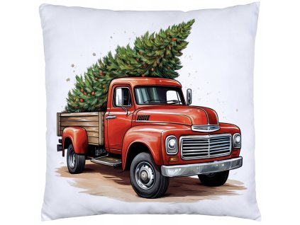 Vianočná obliečka Retro Pickup – biela obliečka na vankúš s červeným retro autom a vianočným stromčekom na korbe, rozmer 40x40 cm