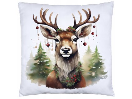 Vianočná obliečka Lesný jeleň – dekoratívny vankúš s motívom jeleňa ozdobeného vianočnými guľkami, doplnený stromčekmi v pozadí, biely podklad, 40x40 cm