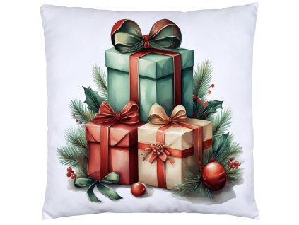 Vianočná obliečka na vankúš s motívom darčekov, ihličím a červenými stuhami na bielom podklade – 40x40 cm