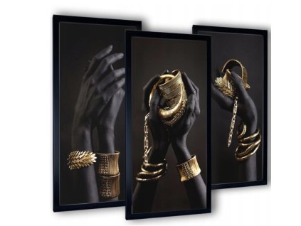 3-dielny obraz rúk so zlatými šperkami v čiernom ráme