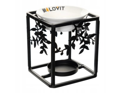 Aroma lampa z kovu s listovým vzorom – čierno-biela dekorácia s keramickou miskou