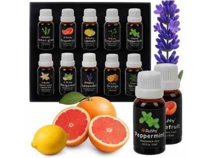 Esenciálne oleje Ruhhy – balenie 10 × 15 ml, vône: eukalyptus, levanduľa, mäta, pomaranč, citrón, grepfruit, bergamot a ďalšie