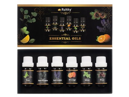 Sada 6 esenciálnych olejov Ruhhy 10 ml – čaj, eukalyptus, levanduľa, pomaranč, mäta, borovica