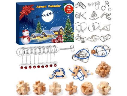 Adventný kalendár s hlavolamami – 24 drevených a kovových hádaniek pre deti aj dospelých