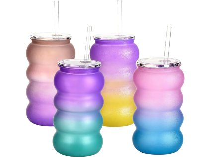 Sada 4 plastových pohárov s viečkom a slamkou v gradientových farbách 500 ml