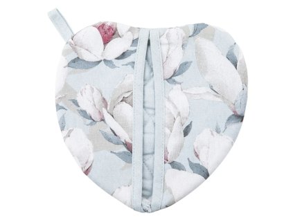 Kuchynská chňapka v tvare srdca Magnolia Blue & Pink – bavlnená chňapka s motívom magnólie, ružová a modrá