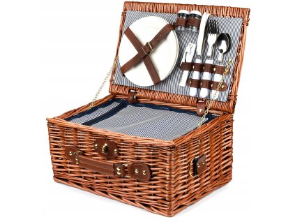 Prútený piknikový kufrík pre 2 osoby s porcelánom a termo výbavou