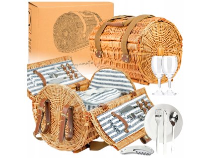 Prútený piknikový kôš pre 2 osoby s termo taškou a dekou – okrúhly dizajn s modrým vzorom