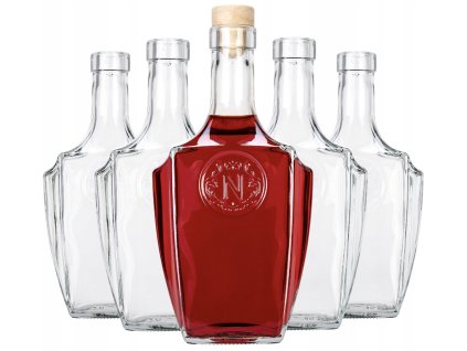 Sklenené fľaše s reliéfnym emblémom a korkom – 5× 500 ml na likér, pálenku a sirup