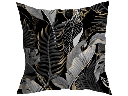 Obliečka na vankúš Urban Jungle Black – čierno-zlaté listy s metalickým efektom